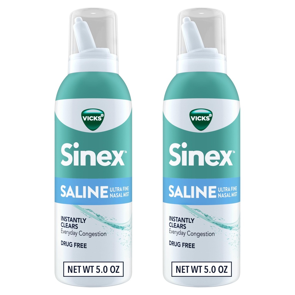 Vicks Sinex SALINE 鼻喷雾,无毒超细雾,每天清除鼻塞,从冷或过敏处清除粘液,每日使用 5.0 fl oz x 2
