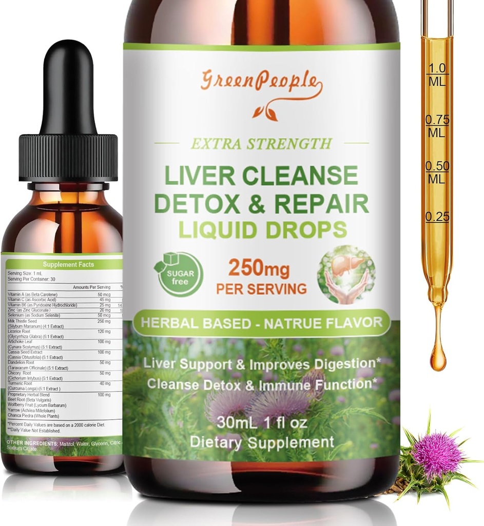 GREENPEOPLE Liver cleanse Detox & 修补滴 - Liver 补充 W/Millk Tentle Silymarin, Artichoke & Dandelion for Liver Detox & Support - 16x Potentent Herb - Nutrients - 1Fl Oz 天然火焰