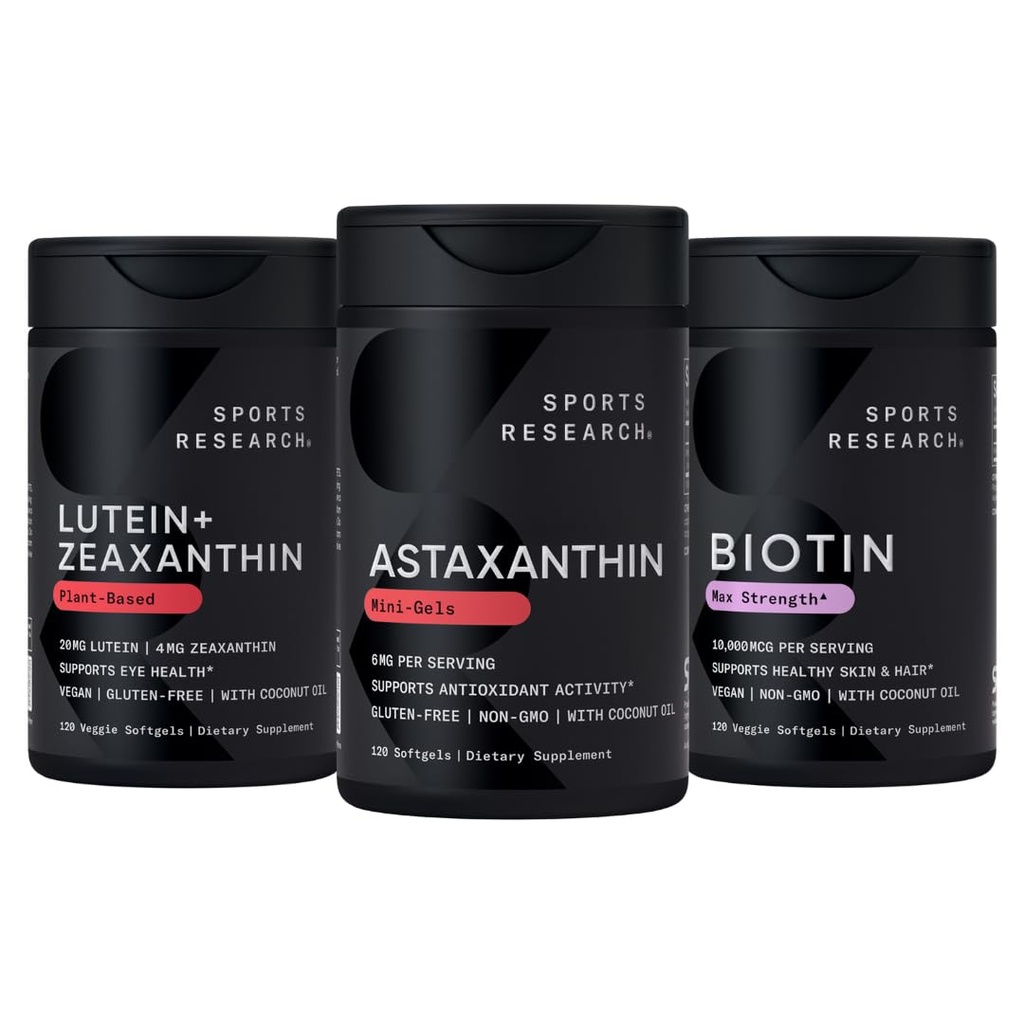 运动研究 Biotin (B7) 10,000mcg + Lutein + Zeaxanthin (20mg) + Astaxanthin 补充 Algae (6mg) – 所有 Vegan → 120 软胶 – 全部用椰油制成,以更好的吸收