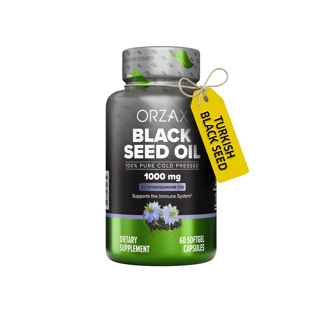 ORZAX 1000毫克黑籽油有机冷压卡普尔,含20毫克Thymoquinone,用于免疫支持、好头发、皮肤和关节(60软胶卡普尔)