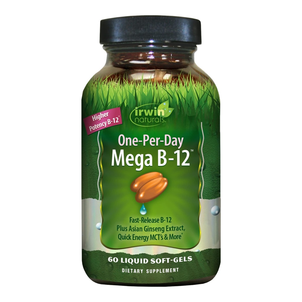 Irwin Naturals One-Per-Day Mega B-12 1,500mcg 高概率甲基Cobalamin维生素 - 快速增强吸收MCT + Asian Ginseng - 天然能源促进器 - 60 液态软胶
