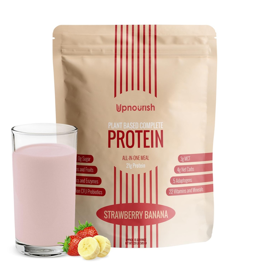 Up Nourish Strawberry Banana Vegan 蛋白质粉54 超级食品粉,1.5亿 CMFU Probiotics 21g 植物基蛋白,无糖乳品 无GMO 乳品自由,餐具替代 摇摆 Keto-Friendly low-Carb Die,15 服务