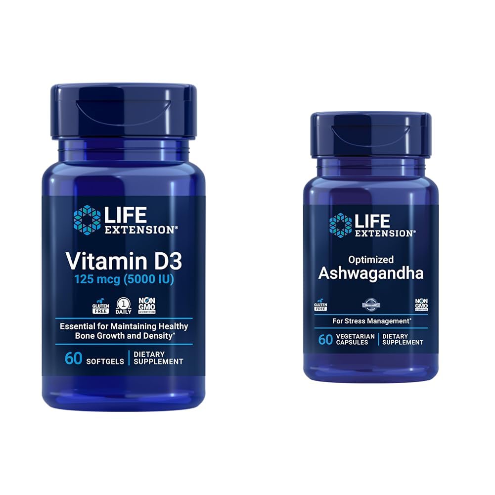 生命延长维生素D35000 IU, Ashwagandha - 心理压力缓解,焦点,记忆,Mood支持 - 非GMO补充包