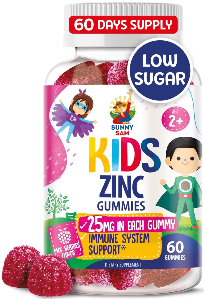 儿童用锌(Zinc Gummys for Kids) - 儿童免疫支持的可口锌(Chewwable Zinc Gummy)补充剂 - 低糖 天然抗氧化剂 非GMO 维生素(Toddlers & Teens)的可口食品 - 60 Gummys