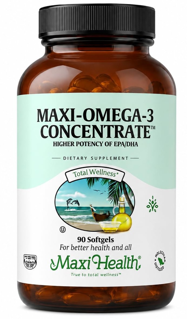 Maxi Health Omega 3 补编 - Omega-3 鱼油集中 - 高概率来源 EPA/DHA 脂肪酸 - 心脏,大脑和联合健康 - 科舍认证野生捕捉鱼 - 90 植物软胶