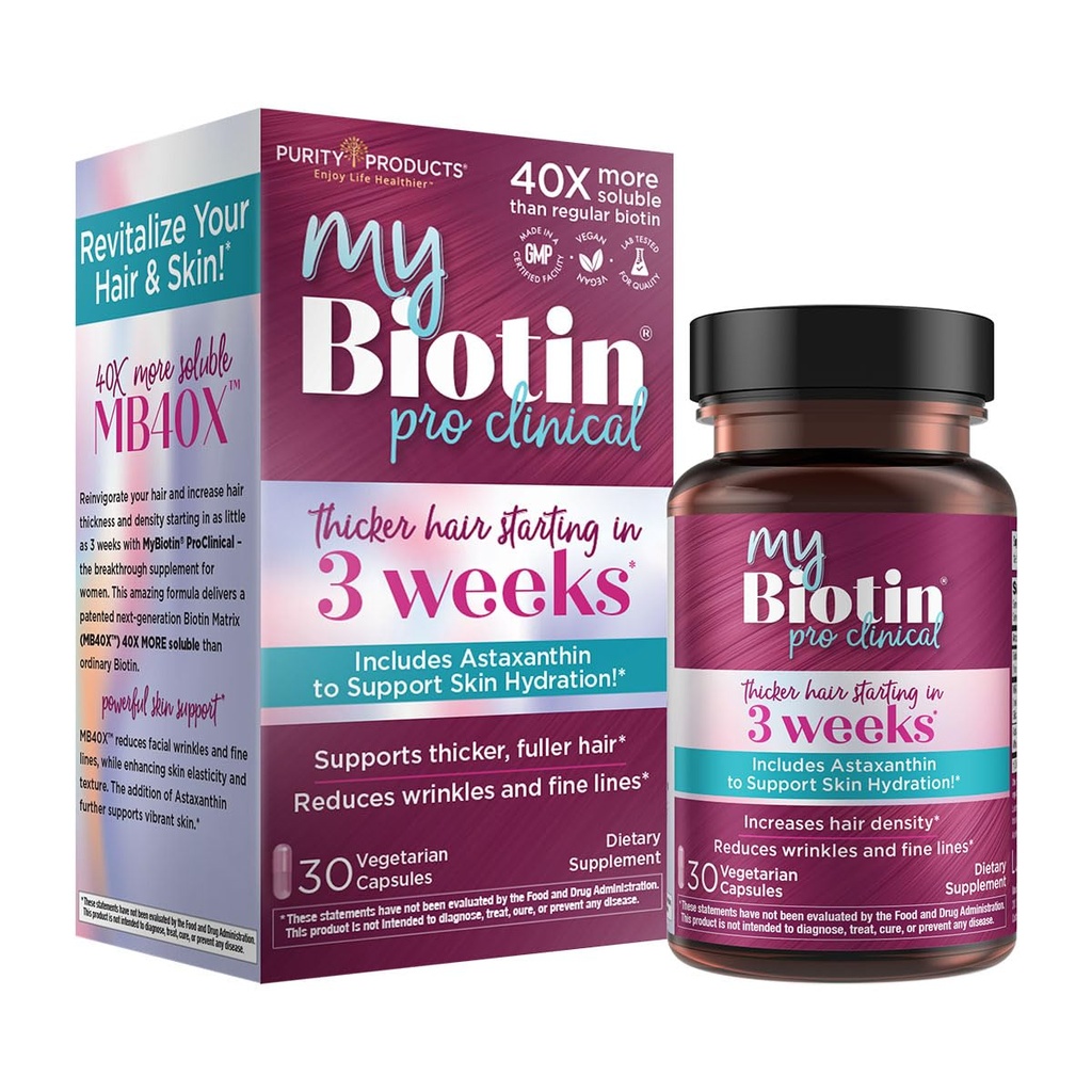 纯净产品 MyBiotin ProClinical – Thicker hair starting in 3 Weeks & Fights 皱纹 - MB40X 专利生物素维生素 B7 Matrix w/Astaxanthin - 40X More Soluble vs普通生物素,30 Veg Capsules