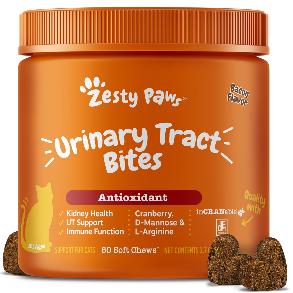 Zesty Paws Cranberry Urinary Tract Bites for Cats - 肾脏和尿性Tract 健康 - 含D-Mannose,维生素B6 & L-Arginine的软壳 - Immune & Gut支持 - 培根 - 60个计数