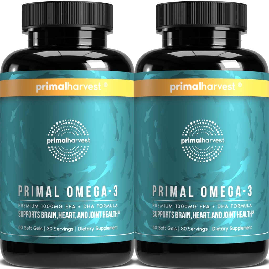 Primal Harvest Omega 3 鱼油补充品, 30 services Soft Gels Capsules w/ 1000mg EPA + DHA 补充品, 无鱼 Burps Non-GMO Omega 3 脂肪酸, 2 Pack
