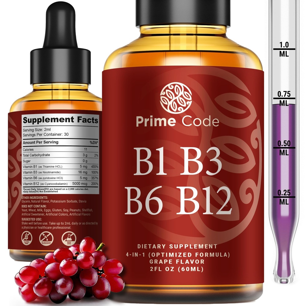 Prime Code Liquid Vitamin B1 与维生素B3 B6 & B12 → B 复合液体补充 → Thiamine 补充 成人 → 高吸收 → 免疫支持 → Non-GMO → Gluten-free