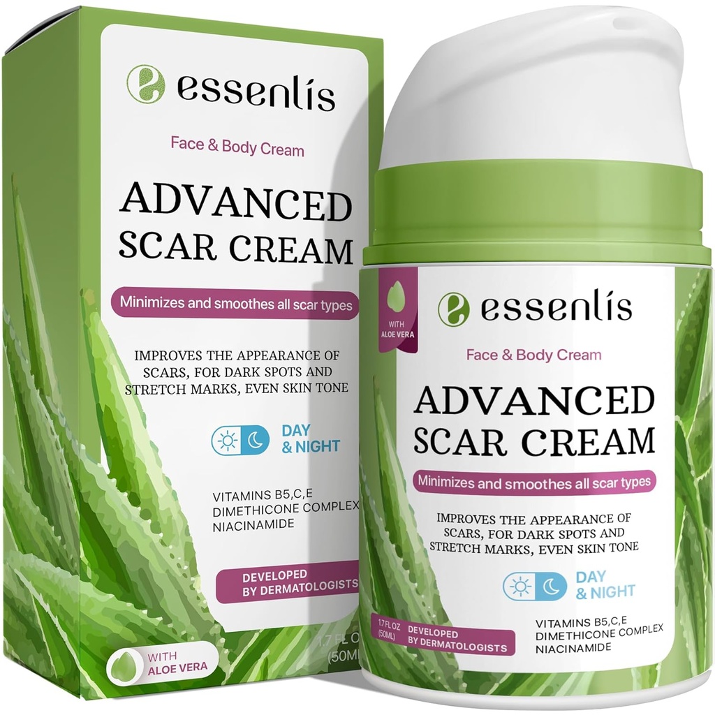 女性和男性切除疤痕、快速修复新旧疤痕、斑点、用维生素E、B5、C、Aloe Vera、1.7 Fl Oz