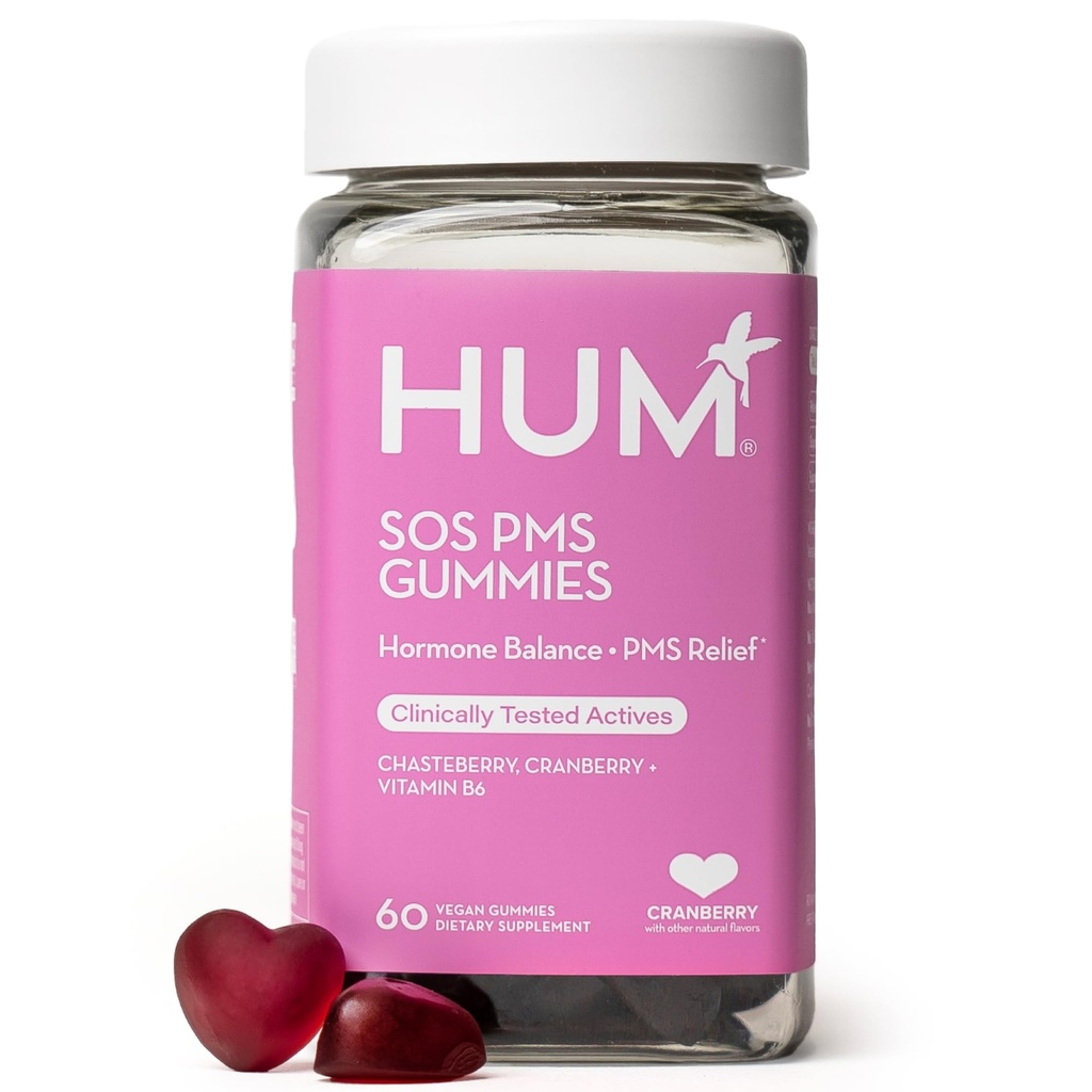 HUM 营养 SOS PMS Gummys, PMS 妇女支助补充, 支持周期症状, Bloating, 激素平衡,包括维生素B6, Cranberry & Chasteberry Vitex, Gluten Free, 60 Vegan Gummys
