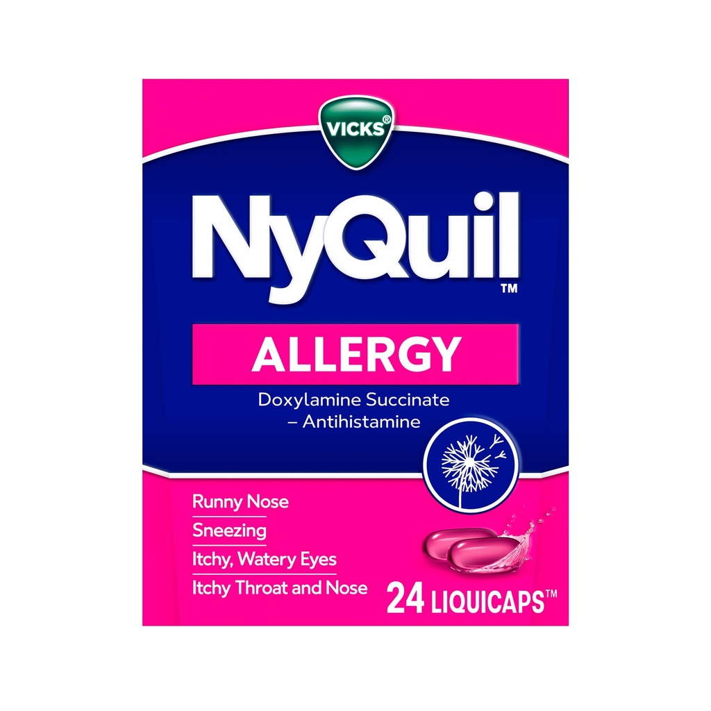 Vicks NyQuil Allergy LiquiCaps, Nighttime Allergy Medicine for Adults, Indoor & Outdoor Allergy Medicine, Doxylamine Succinate Antihistamine for Nighttime Allergy Symptom Relief, 24 LiquiCaps