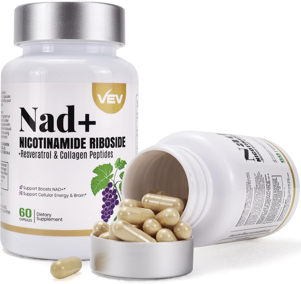 VEV NAD Capsules - Nicotinamide Riboside, 多科拉根,CoQ10 - NAD Skin 补充 60 Capsules*2