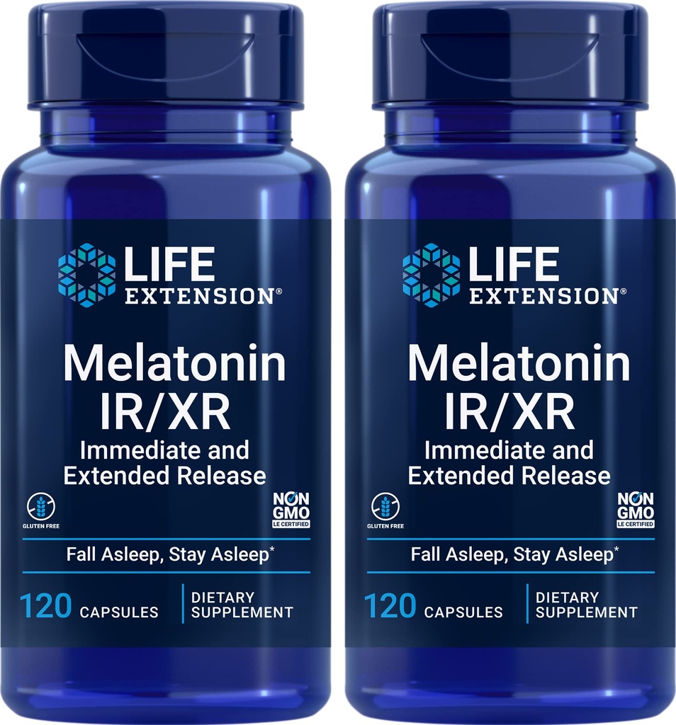 生命延长 Melatonin IR/XR, 120 Capsules (Pack of 2) - 即时及扩展- 发布7小时支持 - 夜间时间补充 - 保持全夜睡眠 - 非GMO, Gluten-free