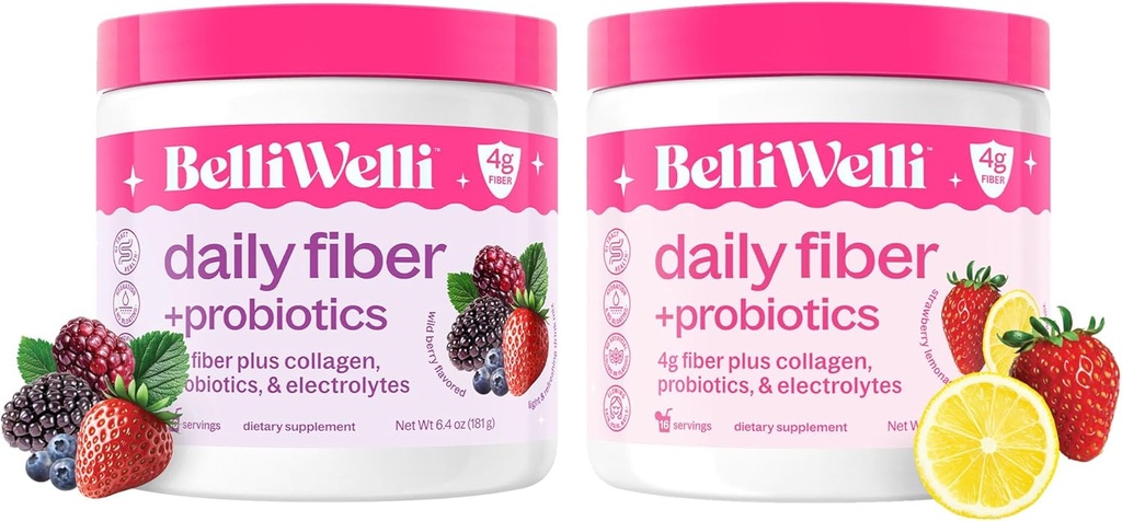 Belli Welli Daily Fiber Supplement Bundle with collagen, Probiotics & Electrolytes – 草莓柠檬汁和野生莓火焰 – 支持文摘, Gut平衡, & Debloating – 32 services