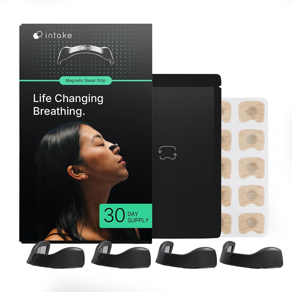 Intake Breathing — Magnetic Nasal Strips Starter Kit | Reusable Band + Tabs | Nasal Strips for Sleep, Snoring, Breathing & Sports | Stronger Lift Than Traditional Nose Strips | 4 Sizes, 30 Tabs, Black