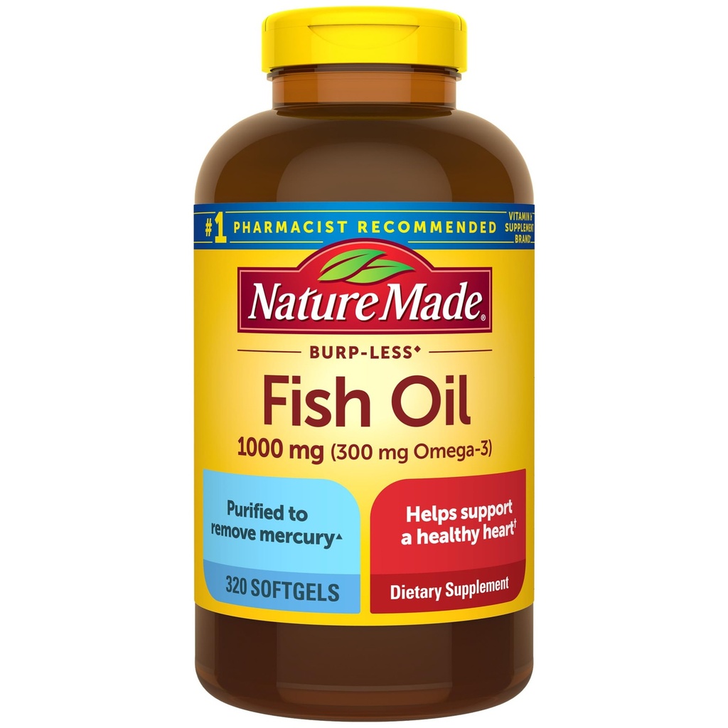 Nature Made Burp 减鱼油 Omega 3 补充品,1000mg软胶,Omega 3 鱼油补充品 健康心脏支持,320软胶,160日供应