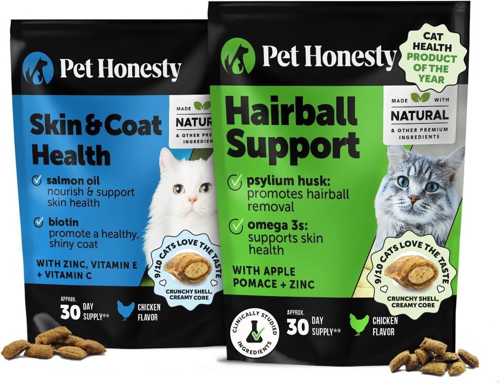 Cat Skin & Coat Health & Hairball Support Bundle: Omegas & Biotin Chews for Shiny Coat & Furball 补救(鸡肉30天供应)