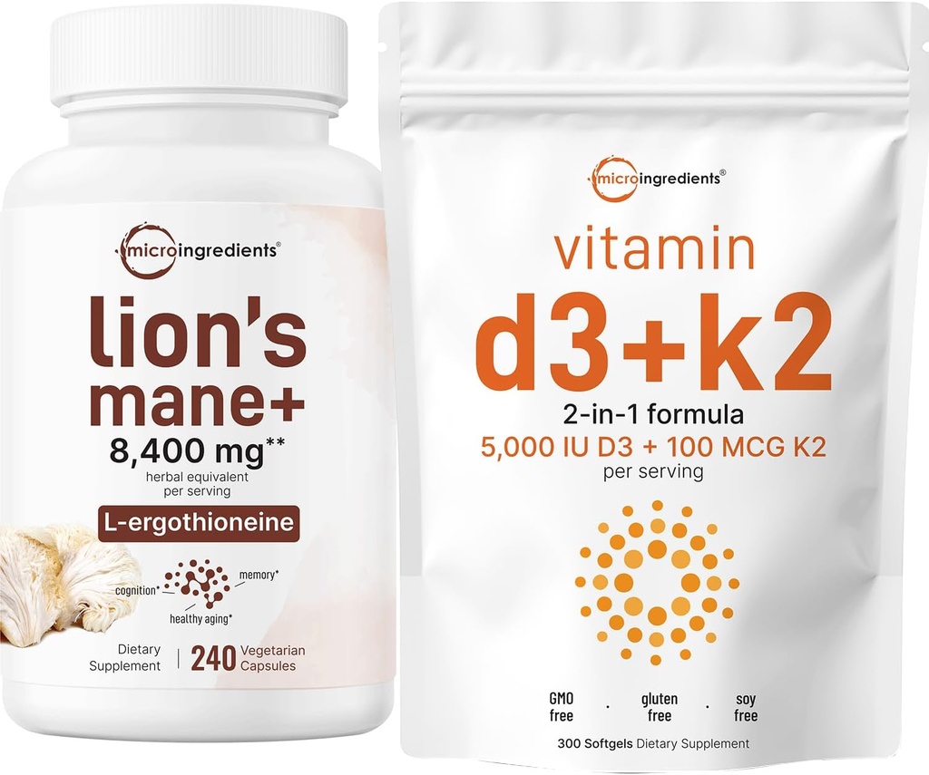 微成份 维生素 D3 5000iu + K2 100mcg 软胶和狮子 Mane 补充 240 Veggie Capsules Bundle 2 Pack → 基本阳光 维生素 + 超食品 蘑菇 含有L-Ergothioneine的抗氧化剂
