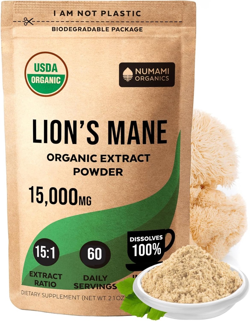 Numami 有机狮子 Mane 蘑菇提取器 Powder 用于高概率的双提取器 在每日茶咖啡中或平滑的溶解物中增强认知功能