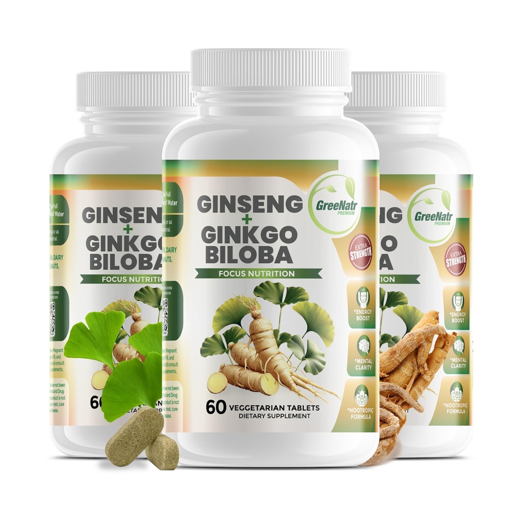 GreeNatr Ginko Biloba & Panax Ginseng 补编 - Red Ginseng Brain 补充记忆和焦点 - Ginkgo Biloba 补充良好视野、免疫系统和改进血液流动 - 3瓶