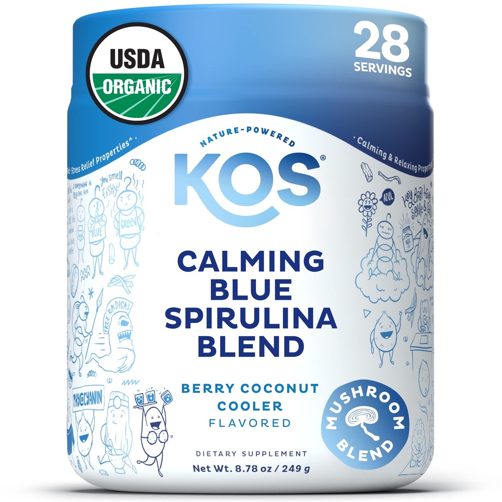 KOS 冷却蓝螺旋藻 Blend - USDA 认证有机物 - 藻类超级食品粉 配有 Ashwagandha Root, Lemon Balm, Reishi 蘑菇, B 维生素 - Berry Coconut Cooler Flavor, 28 services