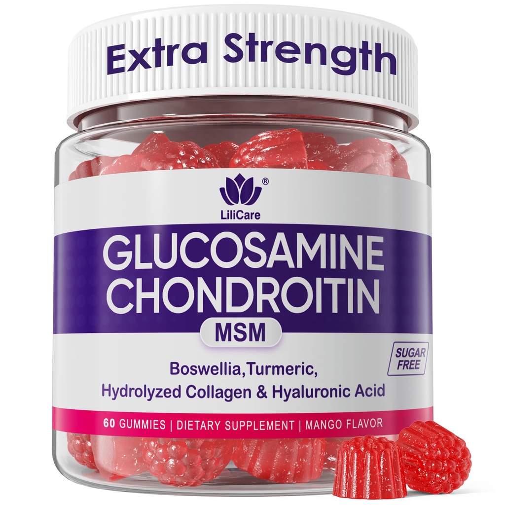 Glucosamine Chondroitin Gummys,无糖Glucosamine Chondroitin MSM补编,与Boswellia Turmeric,水解Colagen & Hyaluronic Acid,男女骨骼健康,60Cts