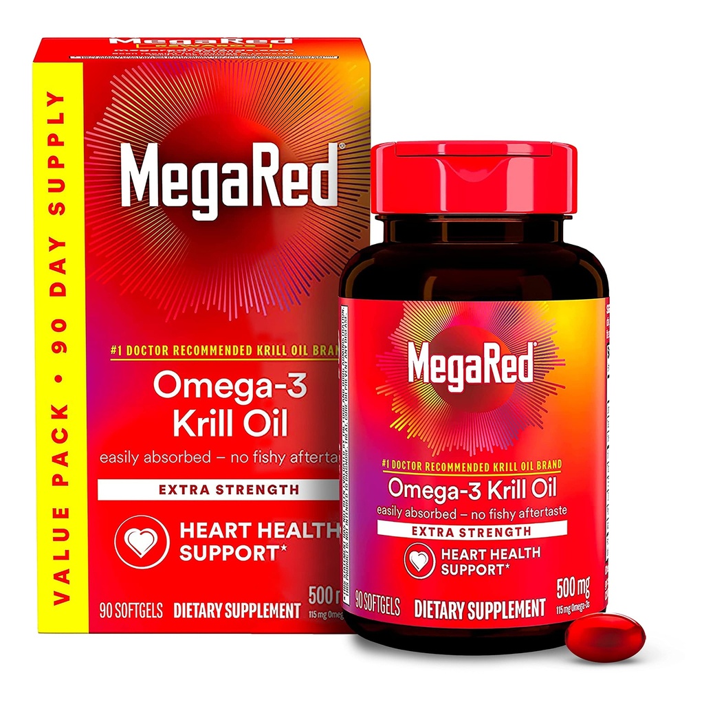 MegaRed Atlantic Krill Oil 500mg Omega 3 Fatty Acid Supplement, Extrastrong EPA & DHA Krill Oil Softgels (90cnt Box), Astaxanthin, 心脏健康补充品,无鱼油余味