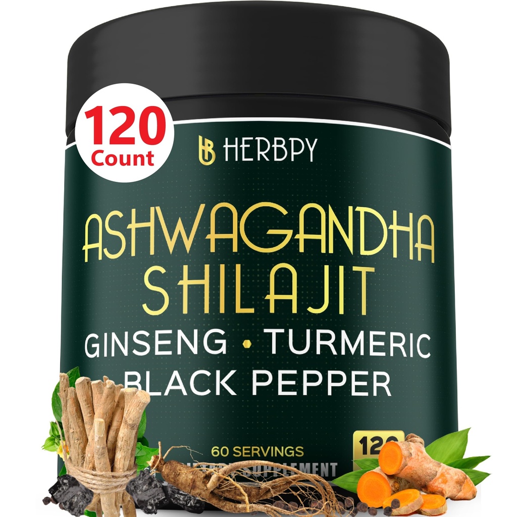 5in1 Ashwagandha 额外力量与Shilajit 用于 Stamina, 能量和放松支持 - Plus Ginseng, Turmeric Root & Black Pepper - 120 计数