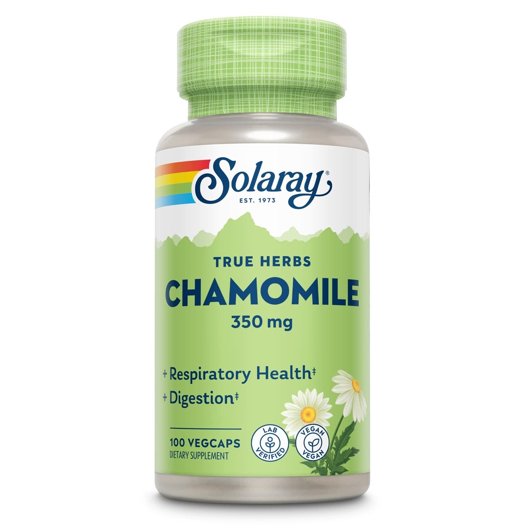 SOLARAY Chamomile, " 对消化、呼吸、收缩和放松的支持 " , " 100名服务 " , " 100名蔬菜 "