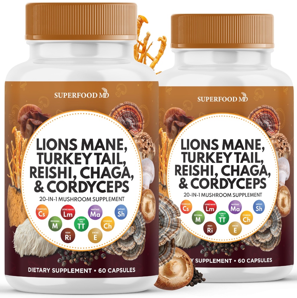 狮子马恩蘑菇 与土耳其的Tail Reishi Cordyceps Chaga 与 棉花糖根 - 120 伯爵