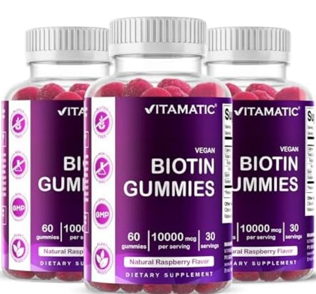 更强的头发、皮肤和钉子的维生素生物素蛋白1万毫克 - 60 Vegan Gummys - 又称为维生素B7(3瓶)