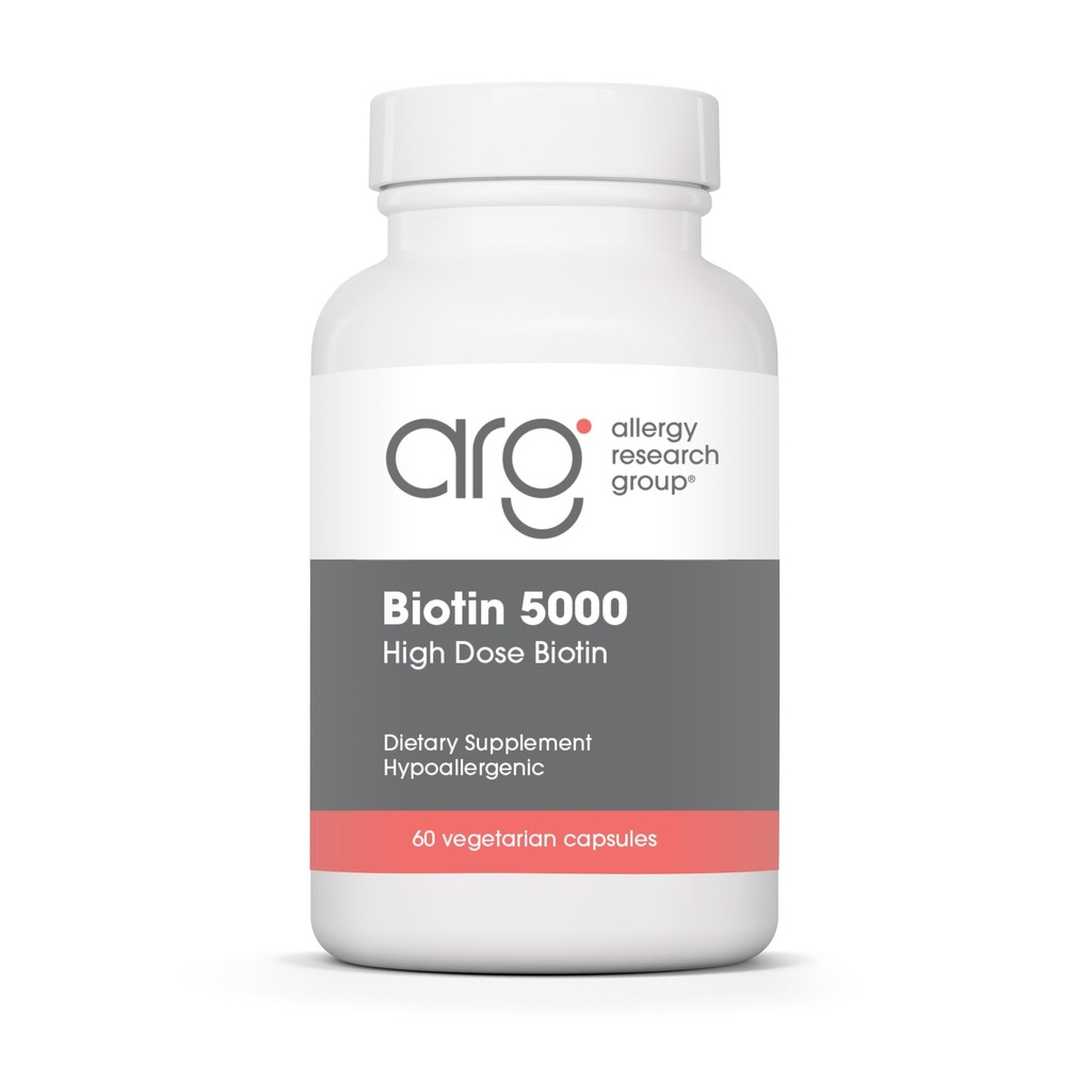 过敏研究小组 Biotin 5000 补充- 5000mcg Biotin, 毛发、皮肤和钉子的维生素, 高剂量, 蔬菜卡普勒斯, 假素, Gluten Free - 60 计数