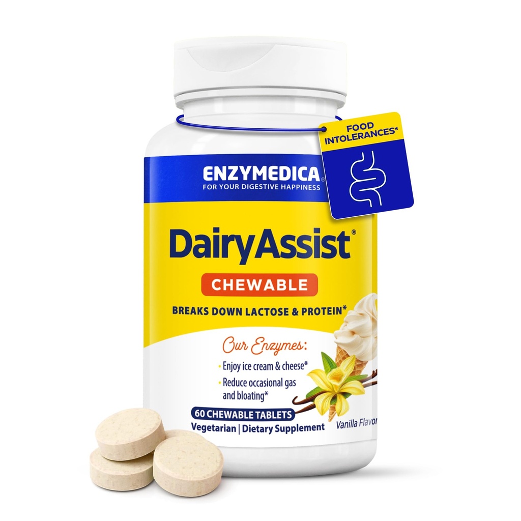 Enzymedica 乳制品师 Chewable, 2-in-1 乳制品的消化酶, 乳糖和Casein 消化酶, 燃气和布洛特减肥快动作公式, 60块可切特片