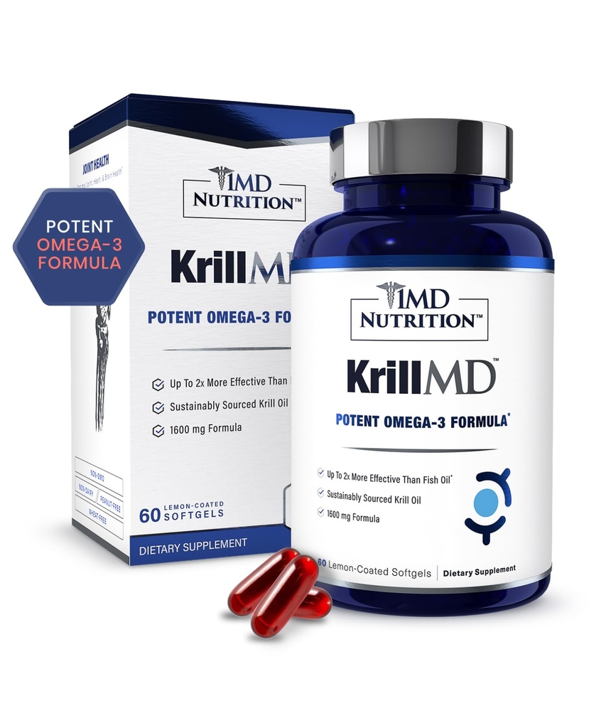 1MD 营养 KrillMD - 南极Krill油 Omega 3 与 Astaxanthin, EPA, DHA QX 2X 比鱼油更有效 QQ 60 软胶