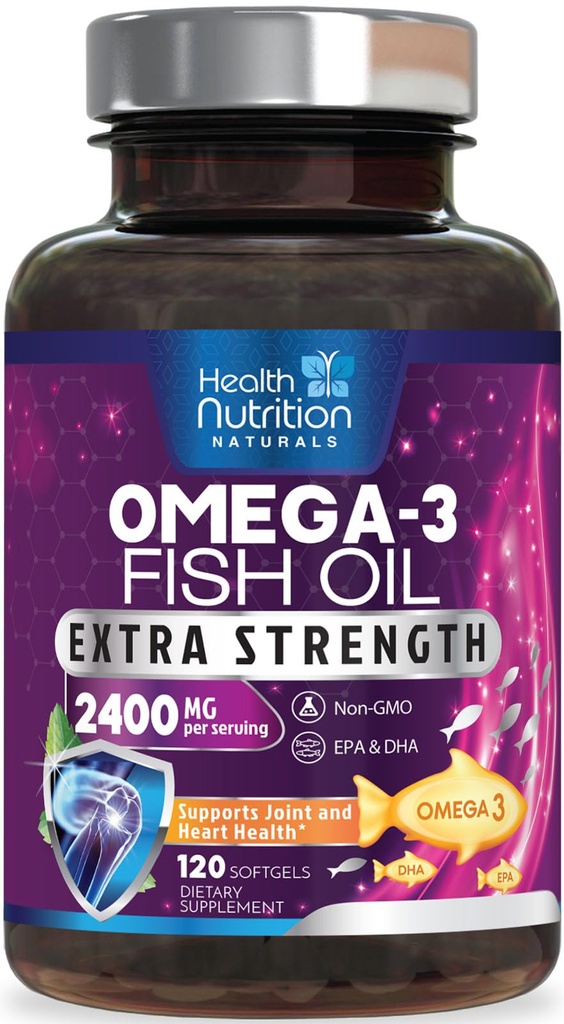Omega 3 Fish Oil 2400 mg - 三强Omega3, EPA & DHA Fatty Acids Supplement - 对免疫,心脏和大脑健康的自然支持 - 野生捕捉,非GMO,Lemon Flavor,Burpless - 120 Softgels