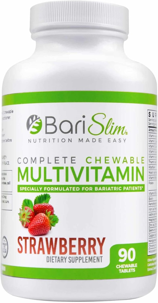 BariSlim 完整的可食用多维素,含45毫克铁-巴里亚特多维素,用于后巴里亚特外科,包括胃侧索和胃袖-草莓(90个计数)