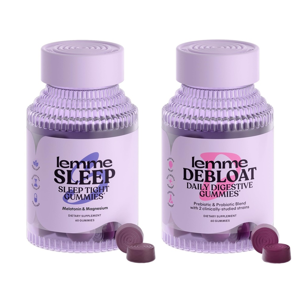 Lemme Sleep & Debloat Bundle - Sleep Gummys, 一个无药夜行援助 & Debloat Gummys 用于消化和Gut健康,Probiotics & Prebiotics - Gluten Free, Gelatin Free, Non-GMO - 60 Ct.