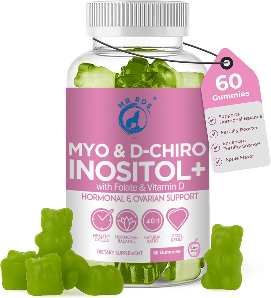 Inositol Gummys PCOS 配有 Folate & Vitamin D - Myo & D - Chro Inositol Blend, 40:1 比例, 60 苹果 Flavor Gummys