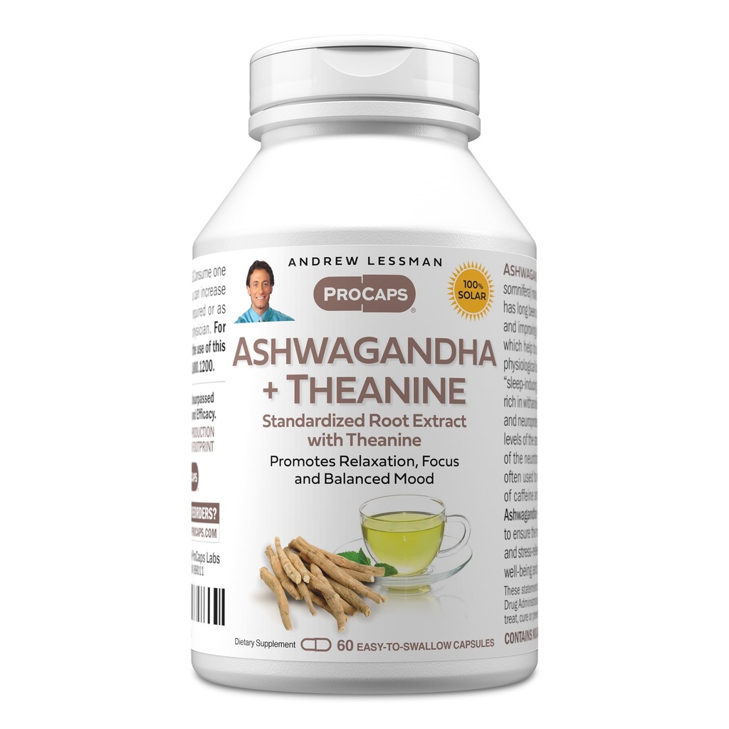 Andrew Lessman Ashwagandha + Theanine 60 Capsules - 标准化摘录. 促进放松、集中和平衡的迷幻。 细小容易吞咽的笼盖