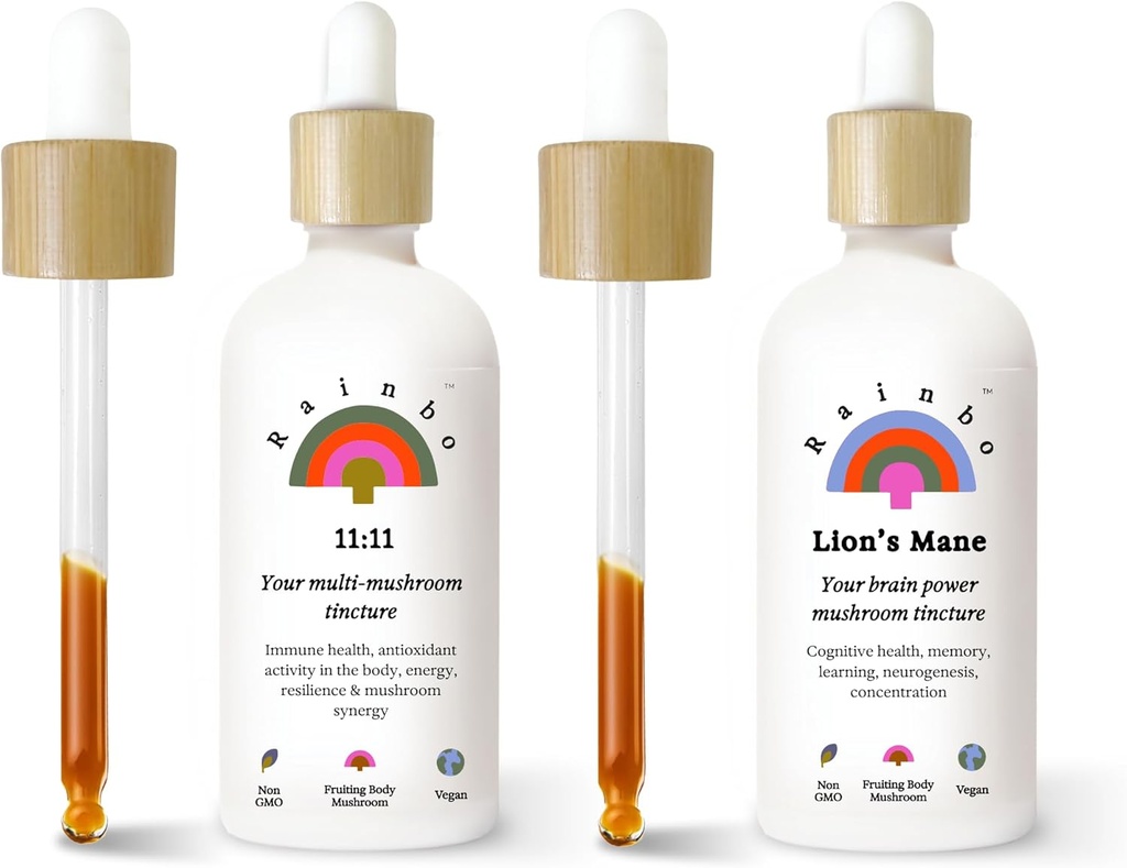Rainbo Fan Favorite Bundle, 11: 11 多蘑菇提取器 + Lion's Mane Mushro Mushroom Tincure, 双提取器 Daily Mushroom Tincures for 综合免疫支持, Vegan 液态蘑菇补充剂