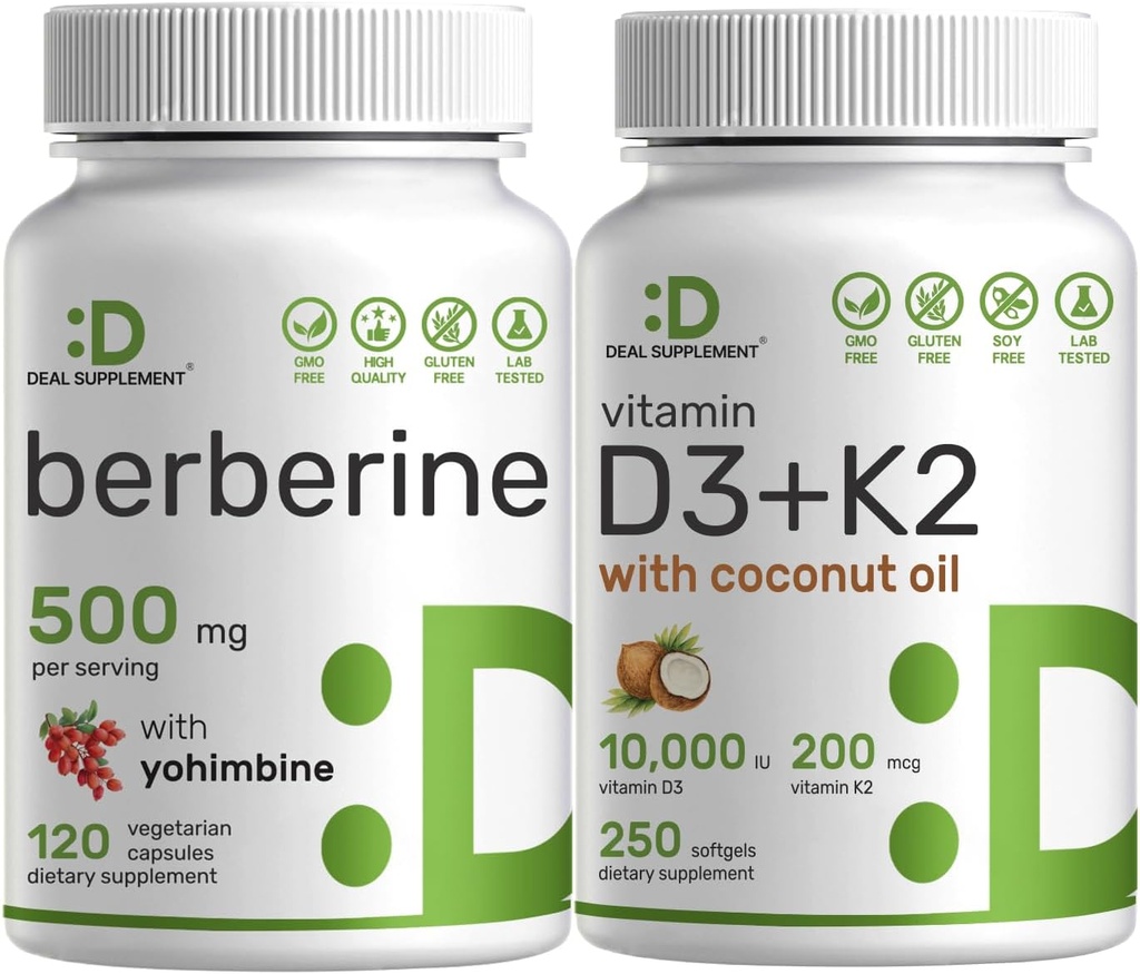 DEL 补充维生素 D3 10,000iu + K2 200mcg 软胶和柏培林补充剂 与 Yohimbine Bundle – 配有椰油的基本阳光维生素 – 高吸收性氯化氢HCl形式