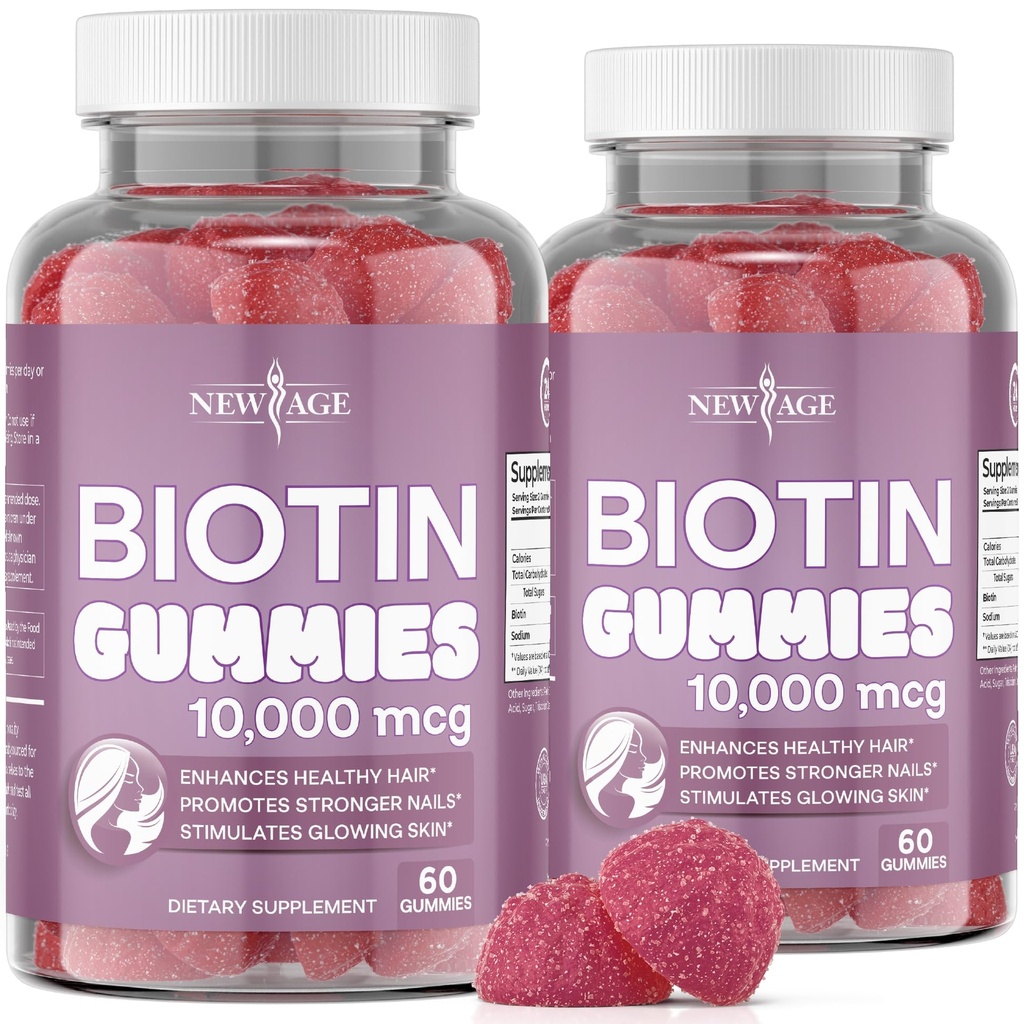 新AGE Biotin Gummys – 头发,皮肤和钉子 Gummys – 10,000 mcg – 非GMO 女性,男性补充 – 在美国制造 – 120 计数