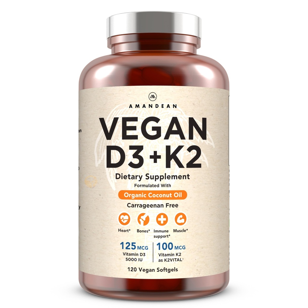 来自藻类的AMANDEAN VAN维生素D3 K2. 5000iu. 全译MK7. 120软胶. 以工厂为主的 " 免费 " 。