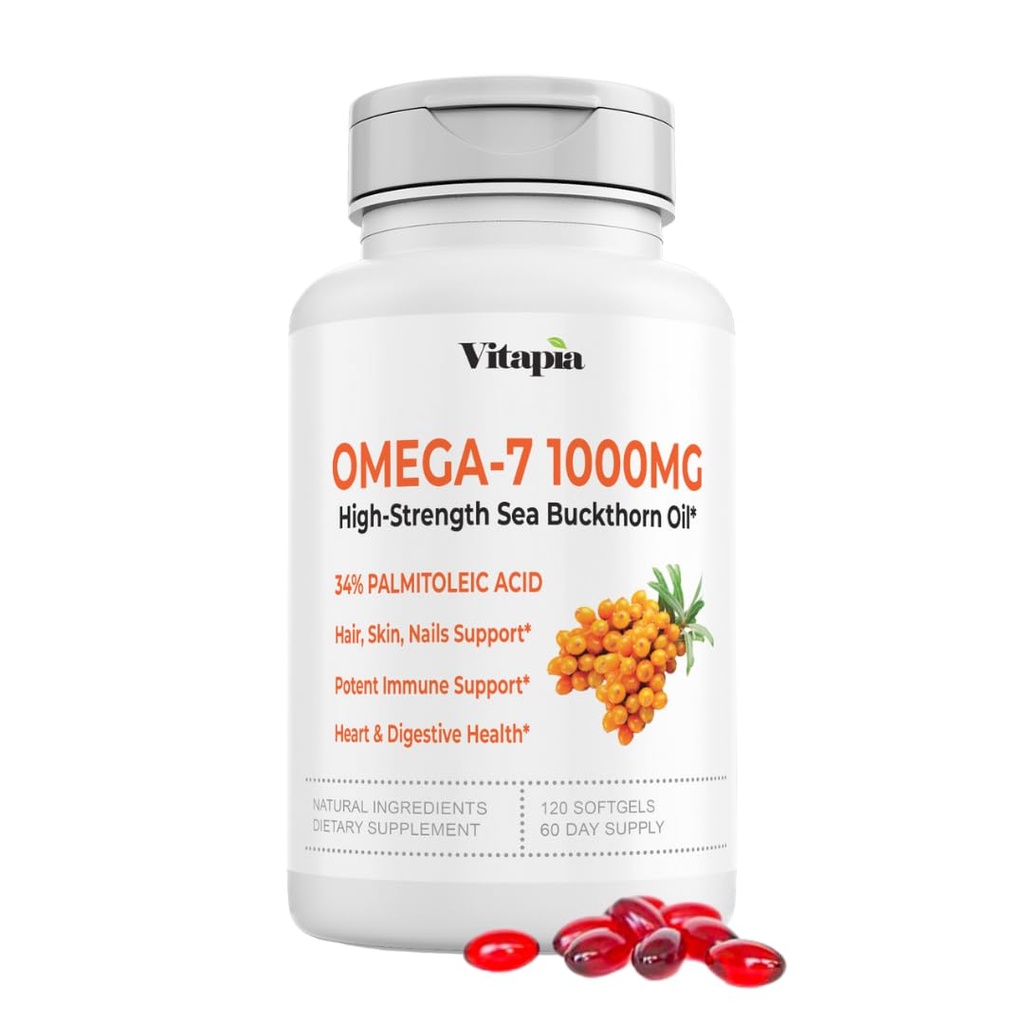 Vitapia Omega 7 Sea Buckthorn Berry Oil 1000mg for Hair, Skin, Nails, 心脏健康支持 - 34% Palmitoleic Acid & Natural Omega 3 6 9 Fatty Acids 补充 - 120 Capsules, Non-GMO, Gluten-Free
