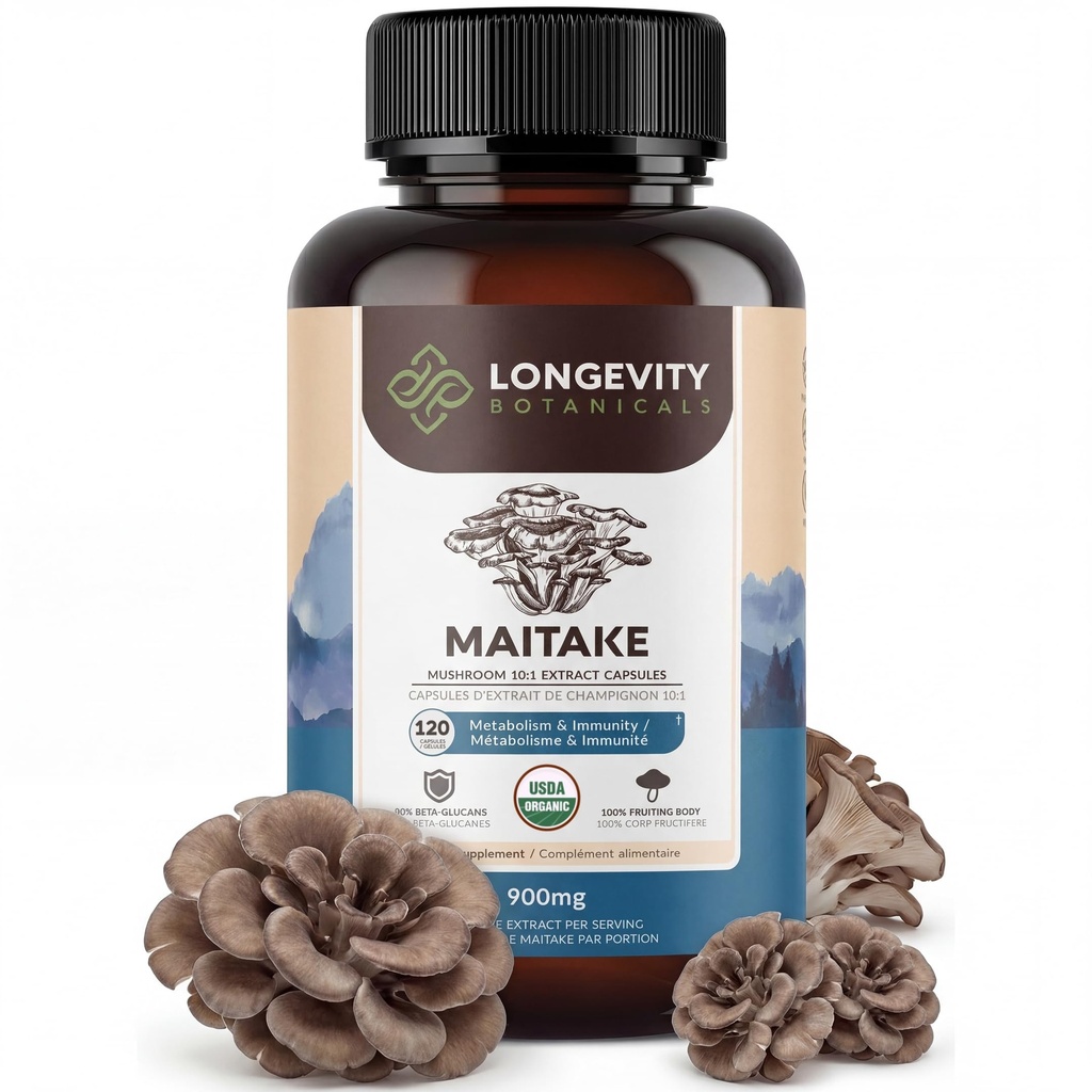 长寿植物 有机 Maitake Mushules 抽取 Capsules (120) 集中 10:1 比例 100% 果实体 Grifola frondosa 自然补充 Gut 健康和豁免支助