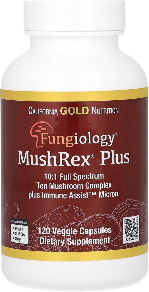 加州金营养真菌学,MushRex Plus, Full-Spectrum Ten Mushroom Complex with Agaricus, Chaga, Cordyceps, 和狮子的玛恩, 120 Plantcaps