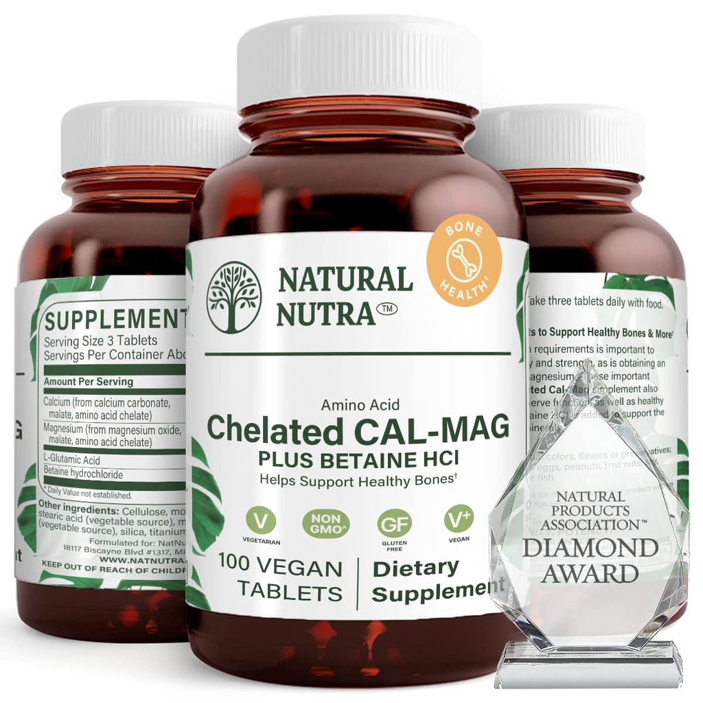 天然核Chelated Calcium Magnesium 1000/500 mg 补充剂 Plus Betaine HCL - Chelated Cal Mag 改善骨密度,支持肌肉,牙齿,心血管和神经健康,100 Vegan 片