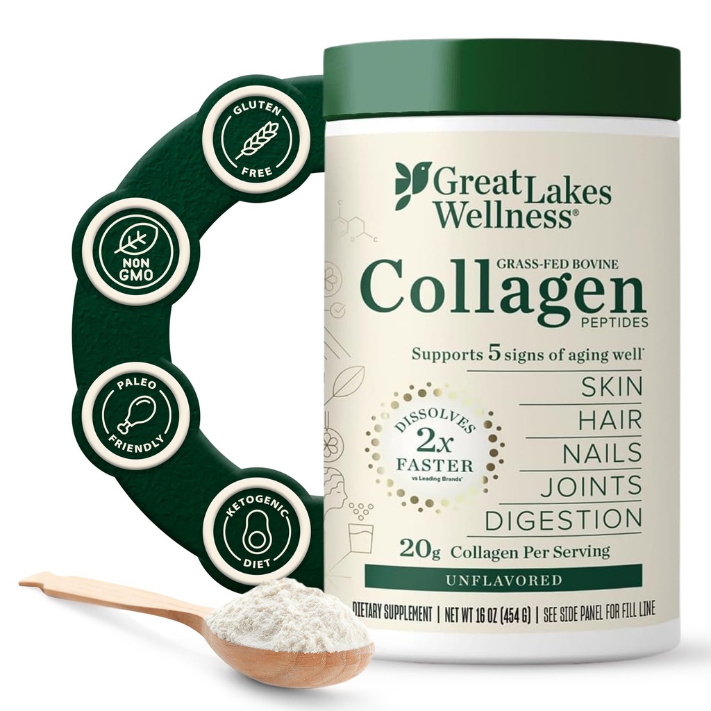 大湖井(Great Lakes Wellness Collagen Peptides Powder)用于皮肤,毛发,钉子,联合与文摘 - 不受欢迎 - 快速溶解水解,非GMO,Keto,Kosher - 16oz