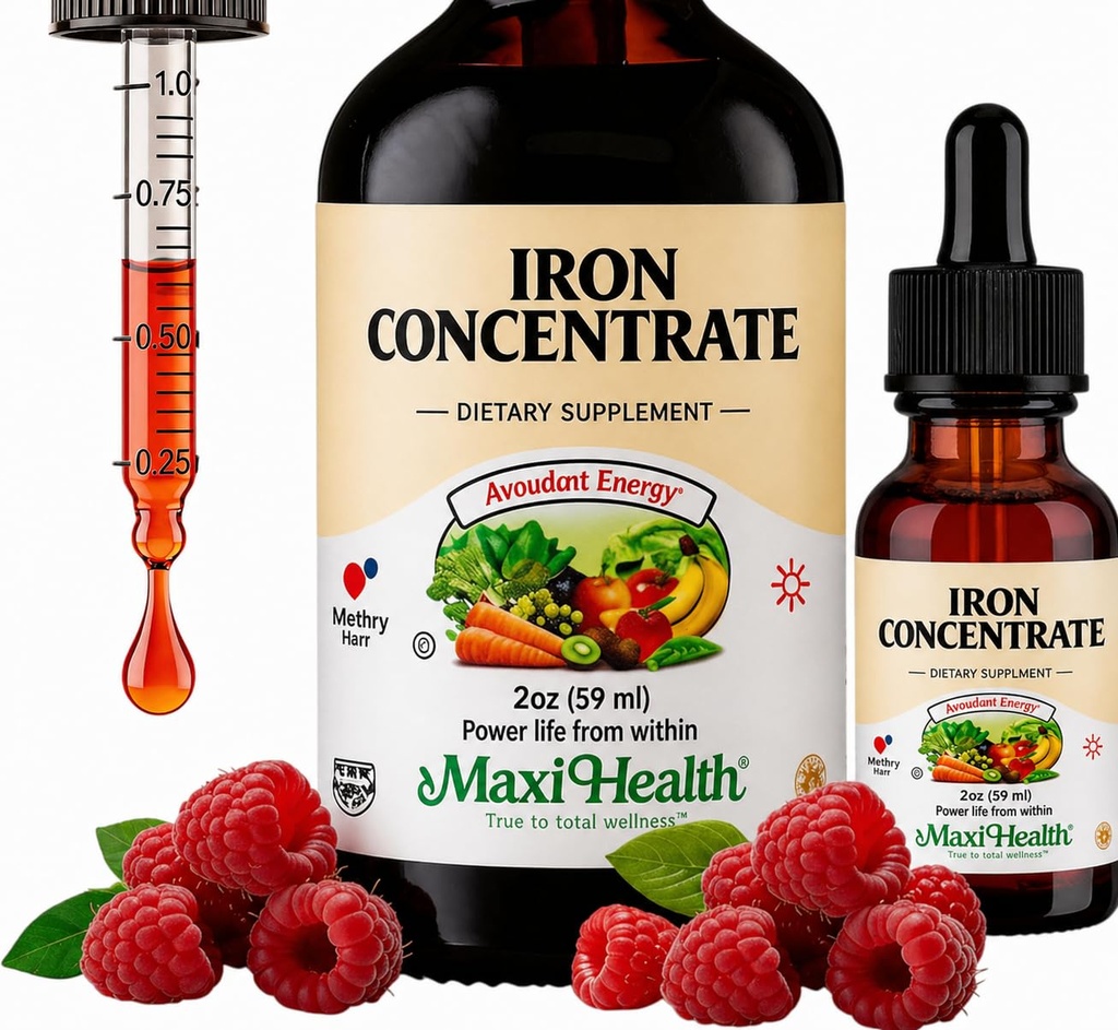 Maxi Health Iron Supplement 15 mg per ML – 增加能量和血液水平而无恶心或便秘 – 男女和孩子的液态铁滴 – 2 oz (2 oz, 2 Pack).